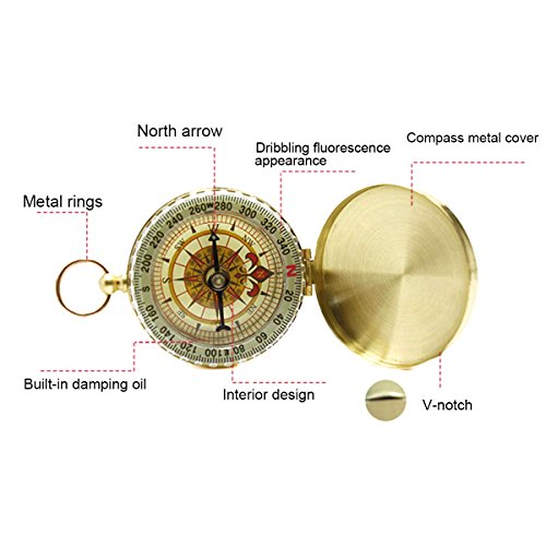 Natuce tragbarer Kompass im Taschenuhr-Format (aufklappbar) aus Messing, Camping- Wanderkompass, Outdoor-Navigationswerkzeug – Gold - 5