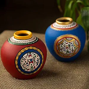 ExclusiveLane Warli Handpainted Artifacts Flower Terracotta Vases for Living Room & Home Decorative (Blue & Red, 14 cm x 14 cm x 15 cm) - Set of 2