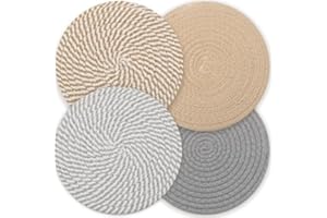 QHSXMQ 20CM Placemats Set of 4, Round Cotton Braided Woven Placemats, Heat Resistant Grey placemats, Washbale placemat and Coasters for Kitchen Dining Table Home Restaurant