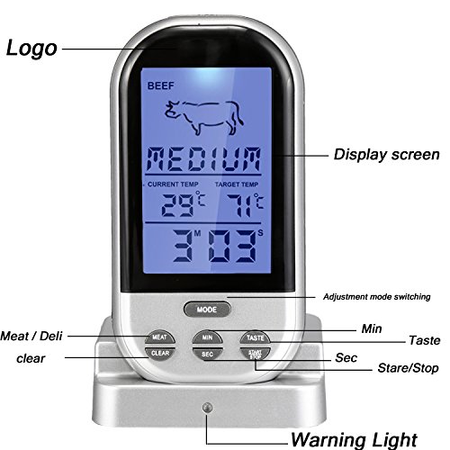 Homdox Wireless Bratenthermometer Digital, Zeitmesser Voreingestellten, Grillthermometer Fleischthermometer für Kochen BBQ Grill Steak Braten Barbecue Lebensmittel Großes LCD-Display Silber - 5