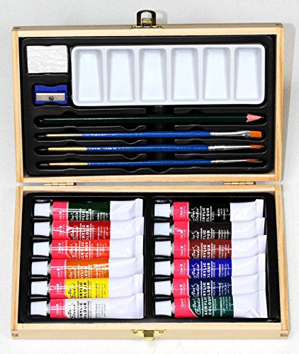 MALSET 20-teilig in Holzkiste, incl. 12 Tuben MAGI Acrylfarbe, Nylonpinsel, Mischpalette und mehr