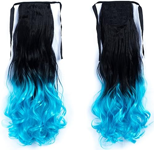 22inch 100g Black to Blue Clip on Ponytail Extensions Long Curly Hair Piece Heat Resistant Ribbon Drawstring Ponytails