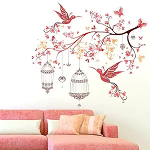 Amazon Brand - Solimo PVC Vinyl Bedroom Wall Sticker (Red Birds Butterflies, Ideal Size on Wall: 100 x 95 cm)