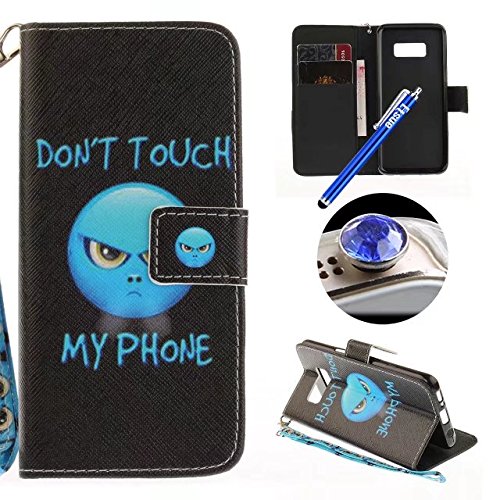 Etsue Ledertasche Handyhülle für Samsung Galaxy S8 Bookstyle PU Leder Brieftasche Hülle, Lanyard/Strap Bunte Retro Muster Lederhülle Wallet Case Flip Cover Tasche Schutzhülle mit Standfunktion Kartenfächer Magnetverschluss Silikon Rückseite Schale Etui Handytaschen für Samsung Galaxy S8 + 1x Glitzer Staub Stecker + 1x Blau Eingabestift-Do Not Touch My Phone-Augen