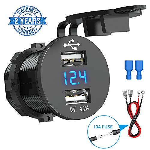 CHGeek 5V 4.2A Dual USB Charger Socket [2.1A ,2.1A] Power Outlet SplashProof Marine with Voltmeter LED Digital Display for 12V/24V Car RV Boat Motorcycle Mobile