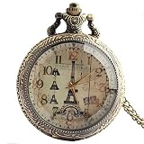 joielavie Taschenuhr Paris Eiffelturm Muster arabischen Zahlen Blume Gravur Quarzwerk Calmshell Vintage Legierung Halskette Armbanduhr Geschenk für Männer Frauen