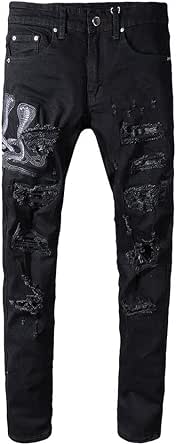 ZOUYU Jeans Strappati Skinny Ricamati con Serpente Nero da Uomo Pantaloni  Streetwear in Denim Elasticizzato Patchwork in Pelle PU (36) : Amazon.it:  Abbigliamento