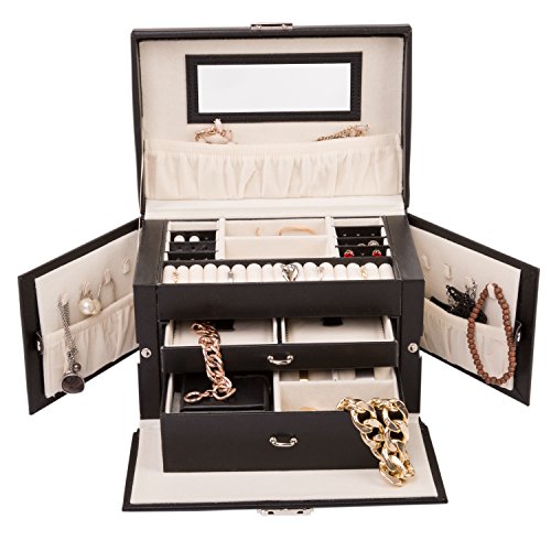 TRESKO® Schmuckkästchen Uhrenschatulle Uhrenbox Schmuckschatulle Schmucketui Schmuckbox mit Mini-Schmuckkasten für die Handtasche aus Kunstleder in schwarz, 17 Fächer, Tragegriff - 3