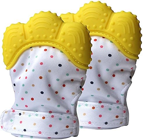 NEW Baby Teething Mittens 2 pack - BPA and phthalate free - Soothes Teething Babies - Soft Food Grade Silicone Glove Mitten - Ideal Gift For New Mums, Parents (Yellow)