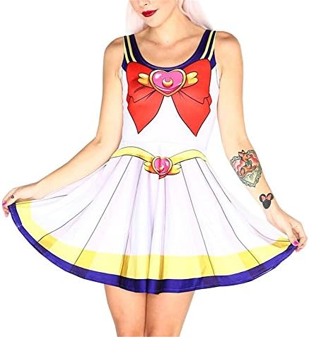 Caleen6 Women 3D Sailor Moon Digital Printing Sleeveless Pleated Dress