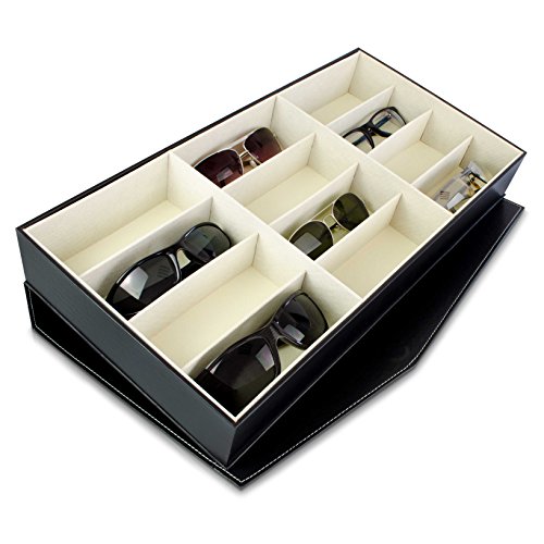 VENKON - Brillenbox für Aufbewahrung & Präsentation von 12 Brillen Organizer - Kunstleder Schwarz - 48 x 25 x 7 cm
