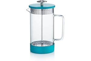 Barista & Co Cafetière en verre borosilcate durable 100% sans plastique - Presse à café à piston française en 8 tasses / 3 tasses / 1 l - Bleu sarcelle