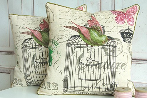 Kissenhülle im Shabby chic mit zauberhafter Bestickung in grün mit Vogel und Schmetterling - 2