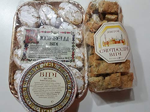 offerta tris di prodotti artigianali Antica pasticceria Bini di Siena 500gr.Ricciarelli, 500gr.Panforte, 500gr.Cantuccini