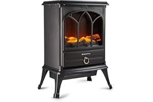TRUESHOPPING Freestanding Portable Electric Stove Heater - 1800W Indoor Fireplace with Wood Log Burning Flame Effect - Adjustable Thermostat & Overheat Protection - Black