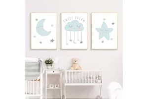 Youihom 3 Affiche Nuage Lune Etoiles Illustration Chambre Bébé Poster Vert et Gris A3 Tableau Nordique Enfant Fille Garcon Murale Decoration Cadeau sans Cadre