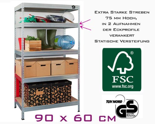 Lagerregal Kellerregal Metallregal Steckregal der Marke Lagerknecht® TÜV – geprüft- Regal Verzinkt 90 x 60 x 200 cm bis 825 kg belastbar *FSC Zertifiziertes Holz - 2