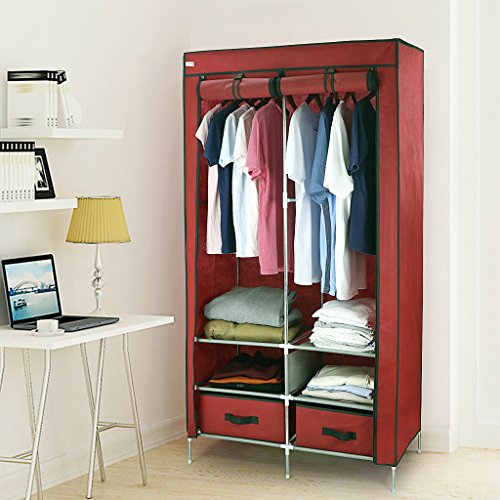 Finether Faltschrank Stoffschrank Textilschrank Faltkleiderschrank Stoffkleiderschrank Textilkleiderschrank faltbarer Kleiderschrank aus stoff mit Kleiderstange für Schlafzimmer Camping stabil 2-türig 87 x 45 x 170cm Rot - 6