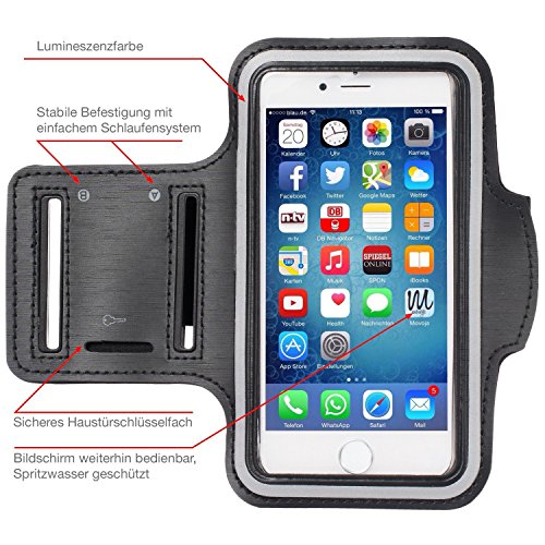 MOVOJA Sport-Fitness-Jogging-Armband Schwarz HÃ¼lle Case fÃ¼r Smartphone Handy Neopren Oberarmtasche | mit KopfhÃ¶hreranschluss geeignet fÃ¼r iPhone 6, iPhone 6s.