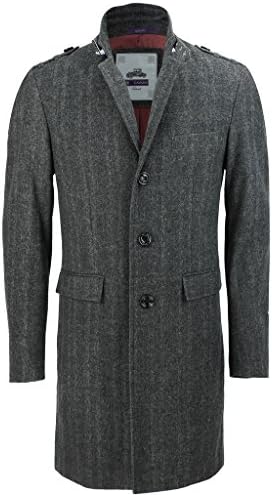 Men Grey Herringbone Wool Mix Winter Long Trench Overcoat MOD Cromby Warm Jacket