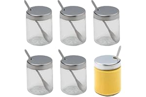 Fackelmann 4665250 Lot de 6 moutardiers avec cuillères, moutardier, Pot à Moutarde, Acier Inoxydable, Verre, 6 x 4,5 cm, Transparent, INOX