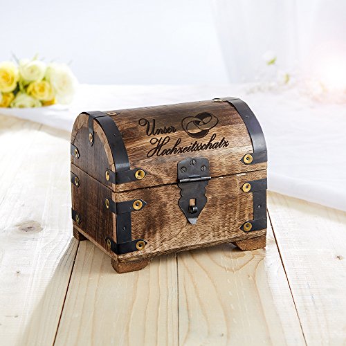 Holztruhe (Holzkiste) als Schatztruhe – mit Gravur zur Hochzeit – Unser Hochzeitsschatz – Schmuckkästchen, Aufbewahrungsbox, Bauernkasse oder Spardose – dunkles Holz- 14 cm x 11 cm x 13 cm - 5