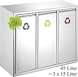 Material: Gebürsteter (satiniert/matt) rostfreier Edelstahl mit 0,7 mm Wandstärke (sehr dick). Fassungsvermögen: 3 x je 15 Liter = total 45 Liter Gesamtgröße (außen - LxTxH): 70,5 x 27 x 56,5 cm.