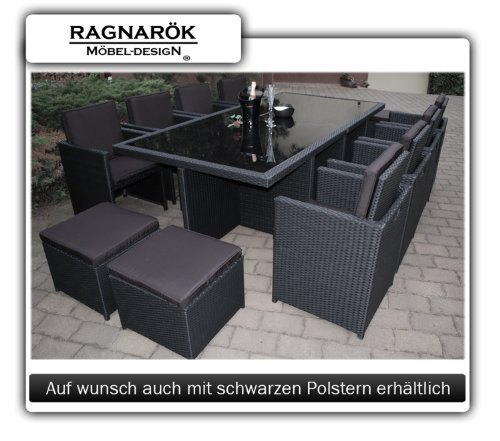 PolyRattan Essgruppe DEUTSCHE MARKE -- EIGNENE PRODUKTION Tisch + 8x Stuhl & 4x Hocker 7 Jahre GARANTIE Garten Möbel incl. Glas und Sitzkissen Ragnarök-Möbeldesign (schwarz) Gartenmöbel