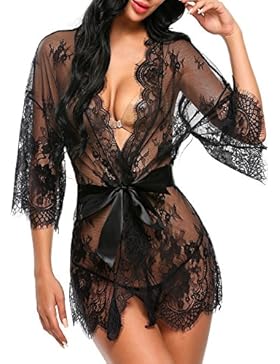 Avidlove Dreiteilig Nachtwäsche Negligee Kleid Gown Kurz Babydoll Erotik Lingerie mit G-String Gürtel Nachthemd...