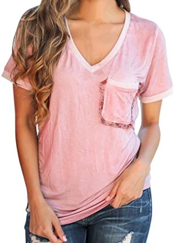 KaloryWee Womens Basic T-Shirt Stylish Sexy V-Neck Short Sleeve Tee Shirts Summer Casual Blouse Tops with Pocket