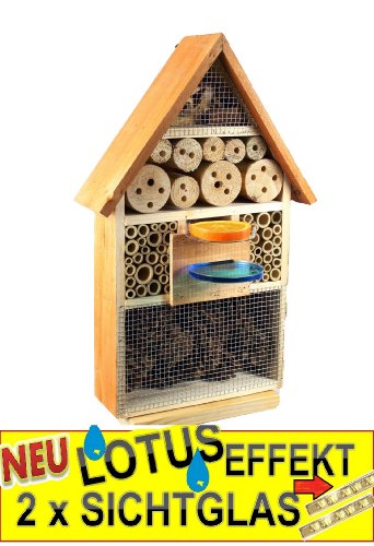 INSEKTENHOTEL,LOTUS-AUSFÜHRUNG (mit wasserabweisender Oberfläche), MIT 2 x SICHTGLAS ca. 8 mm und 11 mm (2 BEOBACHTUNGSRÖHRCHEN aus Glas, mit Zellstoff-Verschluss und Anflughilfe) MIT TRÄNKE SD und FUTTERPLATZ, Futterstelle, hellbraun braun XXXL Nistkasten Schmetterling Marienkäferkasten,Insektenkasten, Insektenhaus, funktionelle Garten Deko passend zum Vogelhaus oder Vogelhäuschen - 4