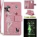 Produktbild Huawei Honor 6X Luminous Leder Wallet Tasche Brieftasche Schutzhülle,Fanryn Schönes Mädchen und Katzen Muster Nacht Leuchtende Design Hochwertige PU Leder Flip Tasche Case Hülle im Bookstyle mit Standfunktion Kredit Kartenfächer für Huawei Honor 6X (Rosa)