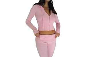 RTGSE Womens Y2K Zip Up Knitted Crop Hoodies Vintage Rib Knitted Hooded Sweatshirts with Trousers 2Pcs Clothes Set Streetwear