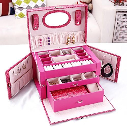 GZXCPC High Quality Luxurious Jewelery Box Jewelery Storage Made Of Leather And Wood, With 3 Drawers, Side Pockets, Independent Box, Snap Lock And Built-In Mirror, Many Colors , pink
