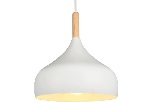 iDEGU Lustre Suspension Rétro 24CM Suspension Luminaire Moderne Style Scandinave Forme de Goutte Plafonnier E27 Métal Bois Lampe Suspension pour Chambre Salle à Manger Cuisine Salon (1 Pack Blanc)