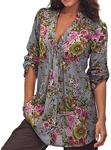TUDUZ Newest Elegant Women's Loose Vintage Floral Print V-Neck Tunic Tops Ladies Fashion Plus Size Top Blouse Shirt