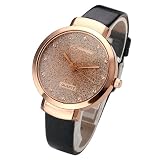 JSDDE Uhren,Elegante Damen Armbanduhr Braunglas Glitzer Dial XS Slim PU Leder-Band Ladies Dress Analog Quarzuhr，Schwarz