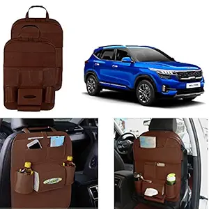 Oshotto Car Backseat Storage Organizer Phone Holder,Multi-Pocket for Bottles, Tissue Boxes,Kids Toy Storage and Great Travel Accessory Compatible with Kia Seltos (Set of 2) - Brown