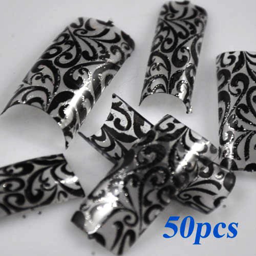 SODIAL(R) 50 Charming Clear Black Floral Design French Acrylic False Nail Art Tips NEW