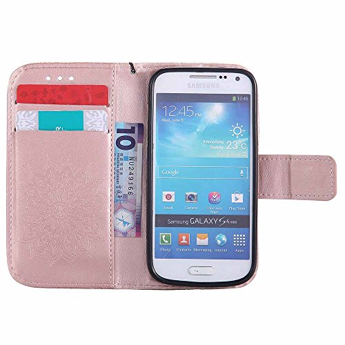 Galaxy S4 Mini Hülle, Dfly Premium Slim PU Leder Mandala Blume prägung Muster Flip Hülle Bookstyle Stand Slot Schutzhülle Tasche Wallet Case für Samsung Galaxy S4 Mini i9190, Rosen-Gold - 4
