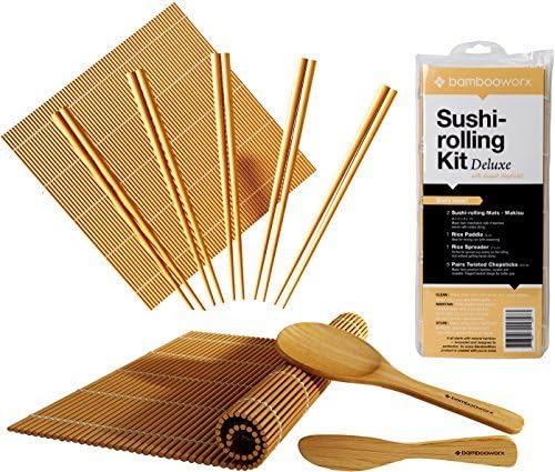 BambooWorx- Deluxe Sushi Making Kit + Chopsticks- 5 Pairs Elegant Chopsticks, 2 Sushi Rolling Mats, 1 Rice Paddle, 1 Rice Spreader, 100% Bamboo, Sushi Mats &amp; Utensils