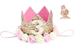 Hitopin 1 Stücke Geburtstag Baby Krone Mit der Nummer 3, Baby Princess Crown Geburtstagskrone Haarband Haarschmuck Prinzessin Geburtstagskrone Mädchen Haarband Baby Geburtstag Hut (Rosa)