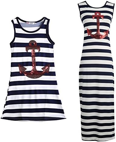 Wingogo Mother Daughter Family Matching Dress Casual Anchor Long Dress Striped Sundress