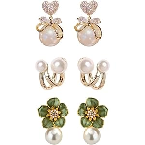 Estailo Fashion® Elegant Pearl Earrings Combo | Set of 3 – Wisdom, Flower & Minimal Style for Women