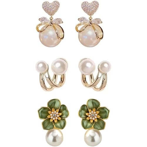 Estailo Fashion® Elegant Pearl Earrings Combo | Set of 3 – Wisdom, Flower & Minimal Style for Women