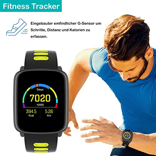 Smartwatch,YAMAY Bluetooth Smart Watch Uhr mit Pulsmesser Armbanduhr Wasserdicht IP68 Fitness Tracker Armband Sport Uhr Fitnessuhr mit SchrittzÃ¤hler,Schlaf-Monitor,Setz-Alarm,Stoppuhr,SMS-, Anruf-Benachrichtigung Push/Kamera-Fernsteuerung Musik fÃ¼r Android und iOS Telefon