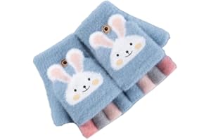 FUNLOV Children Flip Cover Half Finger Gloves Kids Winter Knitted Warm Glove Cute Cartoon Bunny Fingerless Mittens with Flip Top Suitable for 6-12 Kid