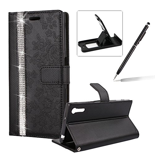 Diamond Leather Case for Sony Xperia XZ,Strap Wallet Case for Sony Xperia XZ,Herzzer Luxury Stylish Black Flower Pattern Crystal Bookstyle Magnetic Stand Leather Case with Soft TPU