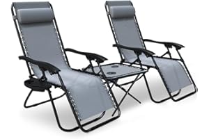 VOUNOT Zero Gravity Chair with Side Table, Set of 2, Deck Folding Recliner Sun Loungers Outdoor Chair with Cup and Phone Holder, Grey