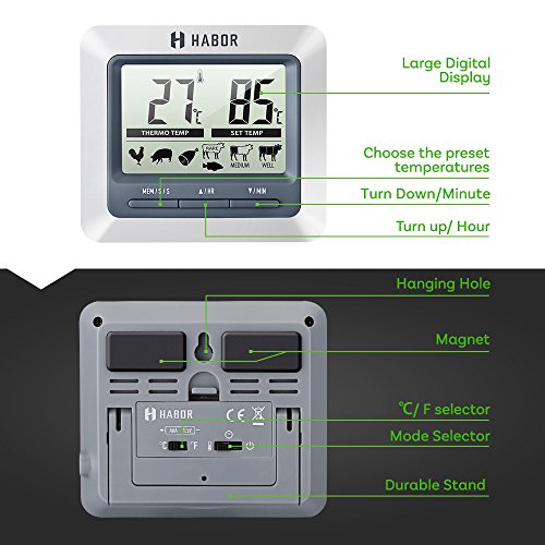 Habor Grillthermometer Bratenthermometer Ofenthermometer Barbecue Grill Thermometer digital Thermometer mit großen LCD Display, lange 304 Edelstahl Messfühler , 1m Kable und Count Down Timer, ideal für Garten Grillen, Backen, Ofen usw - 3